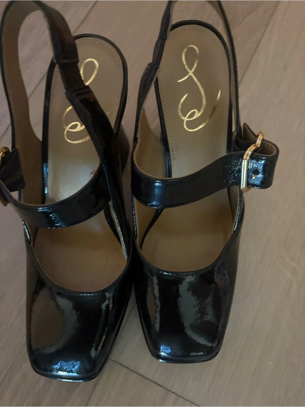 Sam Edelman Patent Black Mary Jane Slingback Block Heel with Gold Buckle Sz 7.5